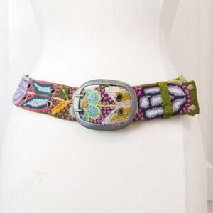 Jenny Krauss Cute Floral Embroidered Wool Belt In Olive Handmade Peru M